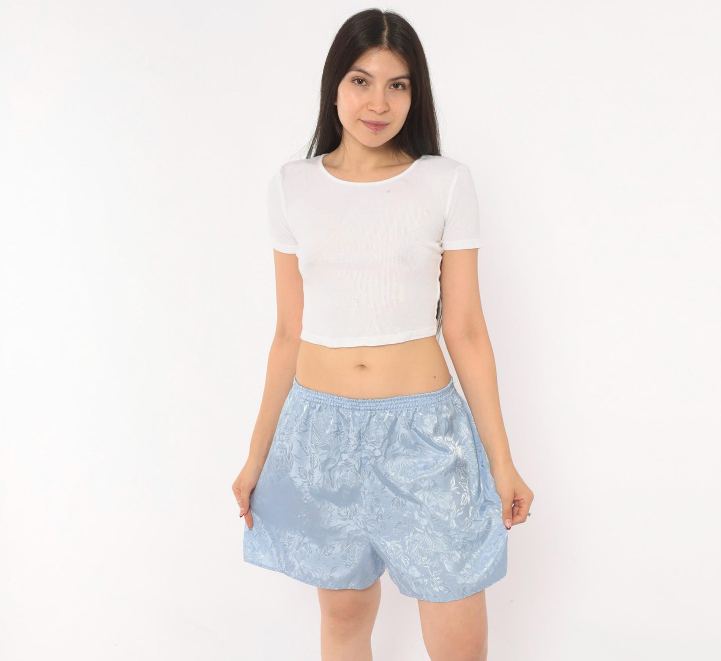 90s Morgan Taylor Powder Blue Jacquard Floral Sleep Shorts Small