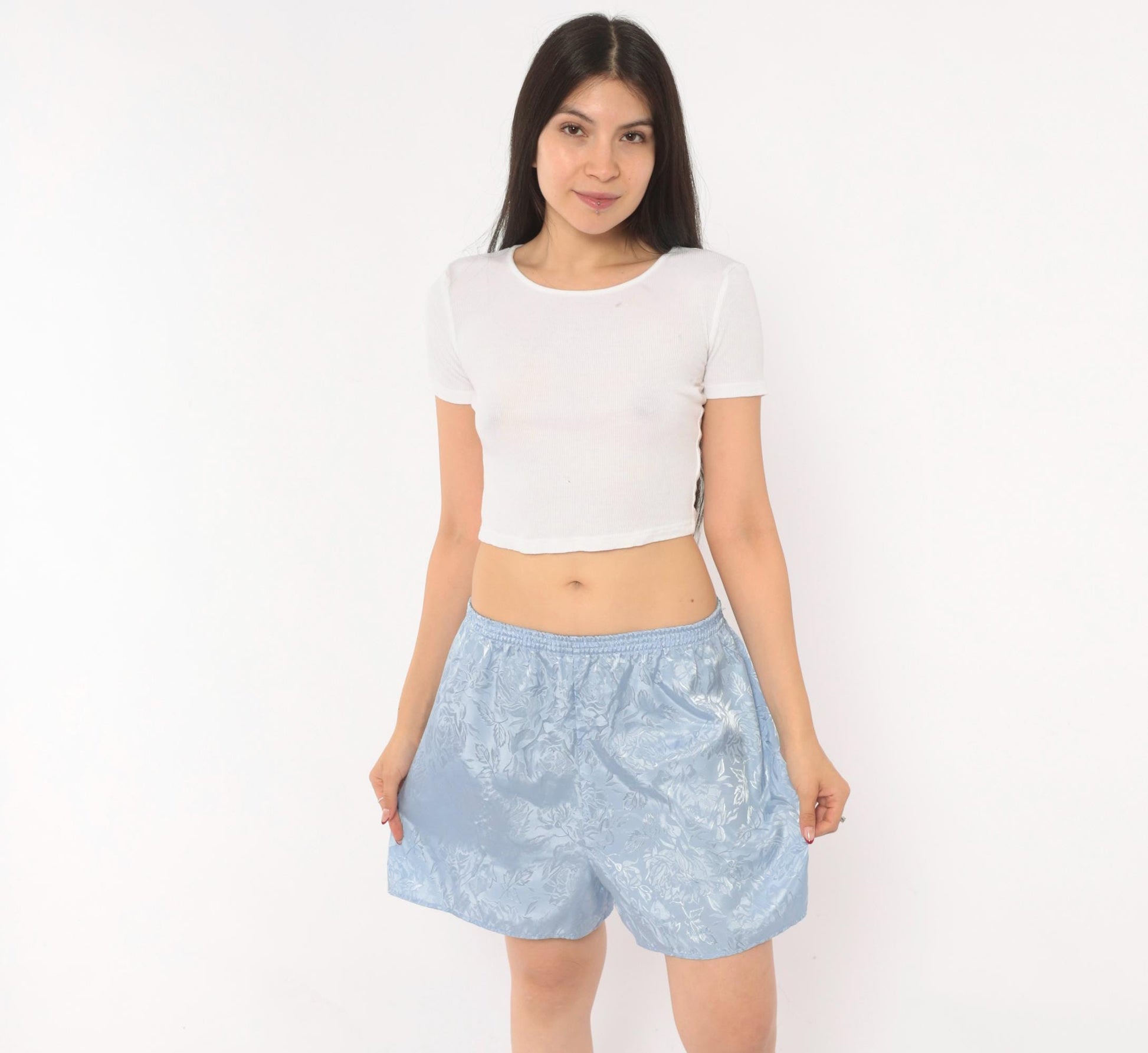 90s Morgan Taylor Powder Blue Jacquard Floral Sleep Shorts Small