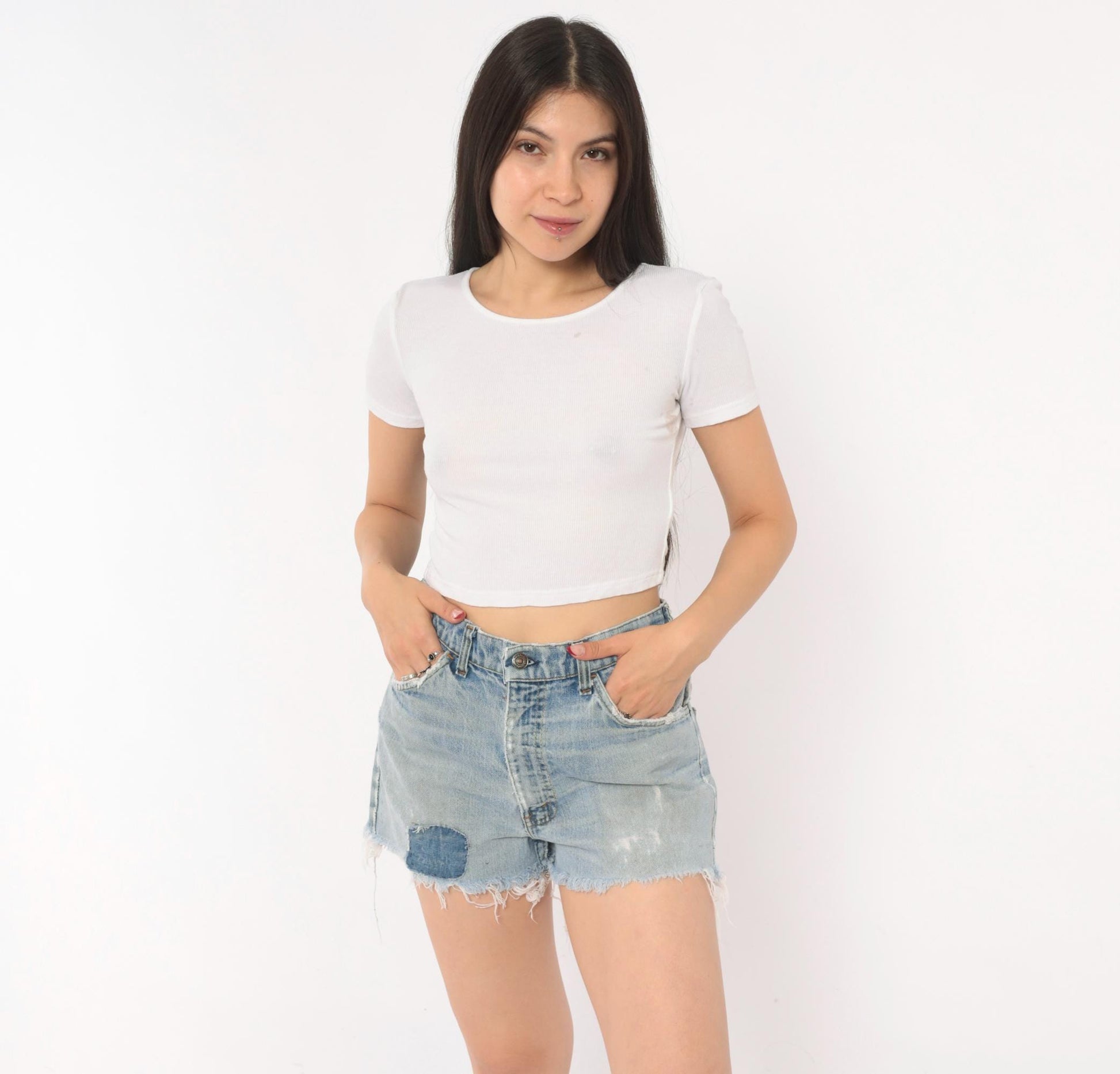 80s Levi's Cutoff Denim Shorts Light Wash High Rise Patched Distressed 32