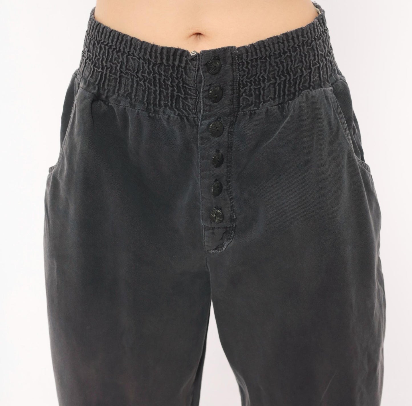 90s Smocked Waist Tapered Trouser Grey Cotton High Rise Button Fly Medium M