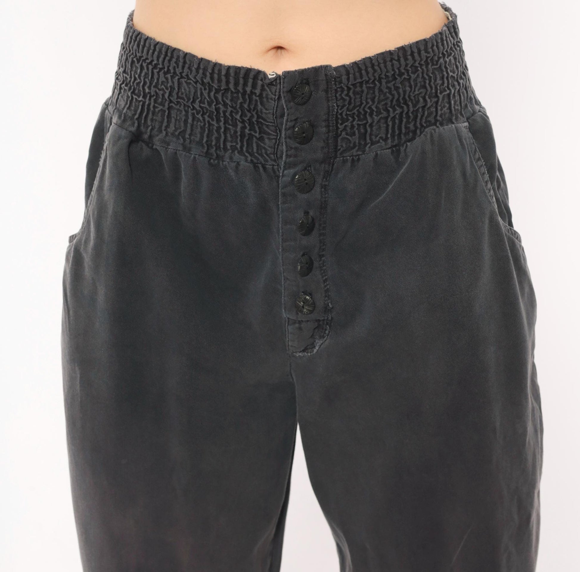90s Smocked Waist Tapered Trouser Grey Cotton High Rise Button Fly Medium M