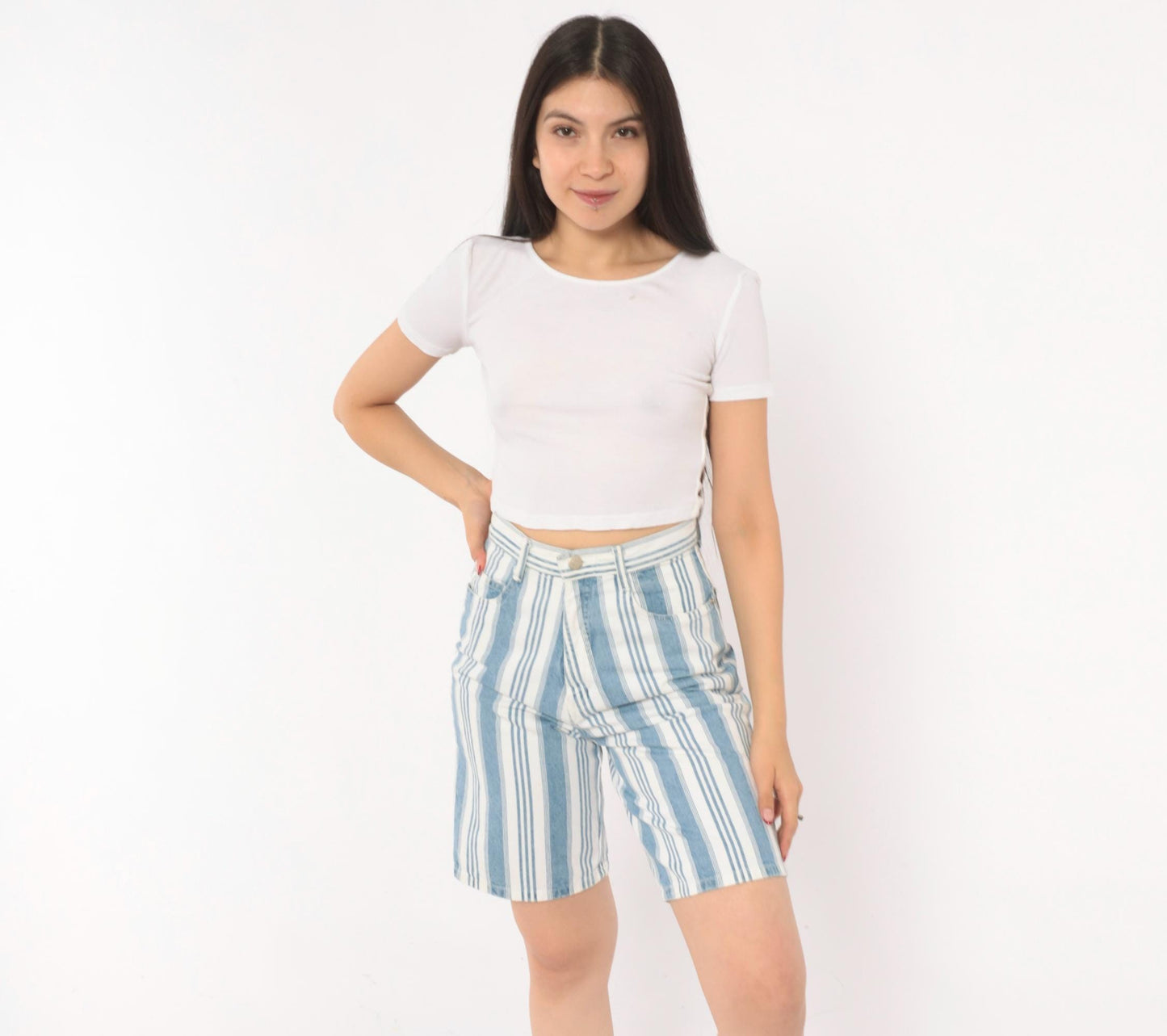 90s Mixed Blues Striped Denim Shorts High Waist Bermuda Blue White Cotton XS