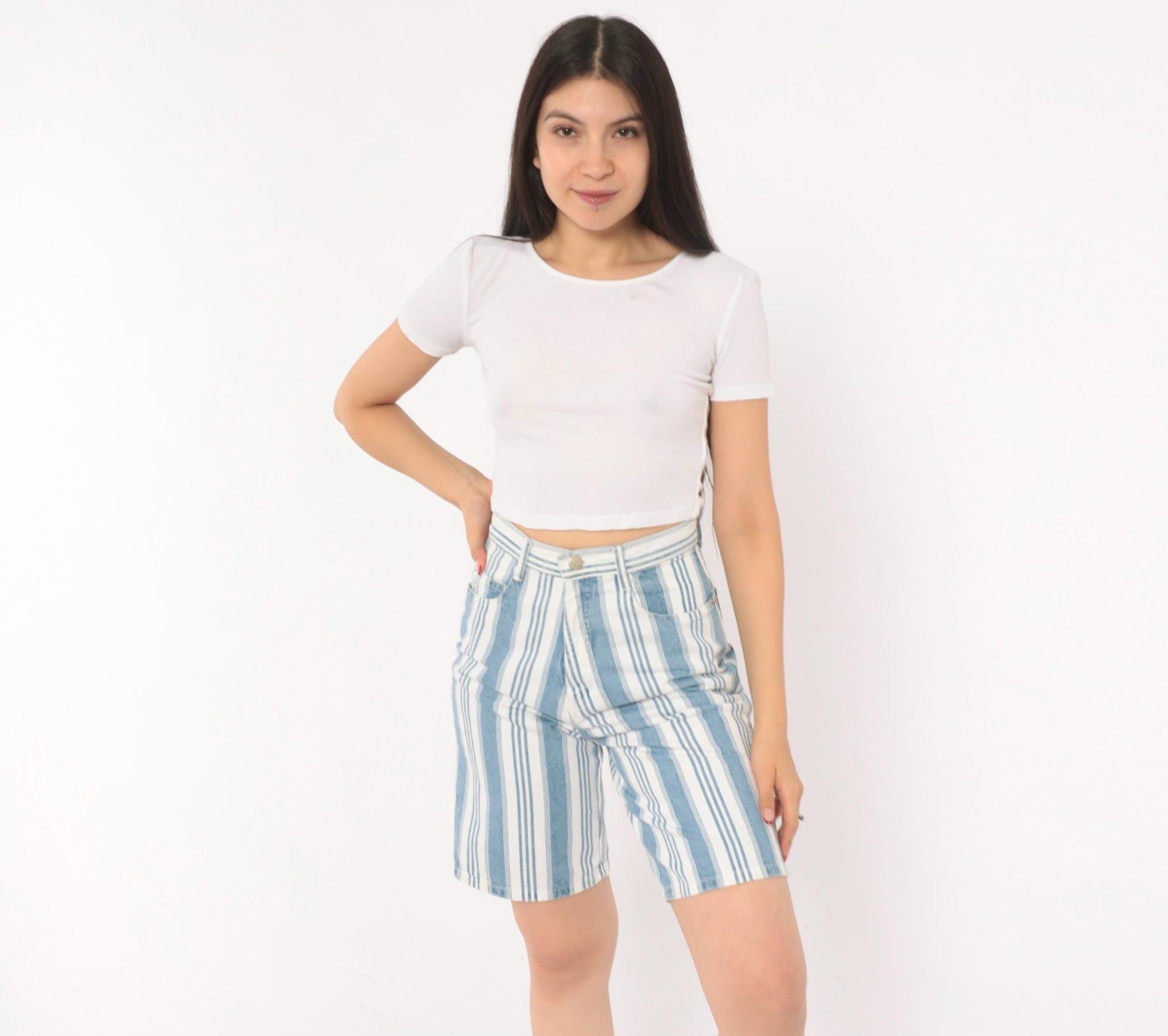 90s Mixed Blues Striped Denim Shorts High Waist Bermuda Blue White Cotton XS