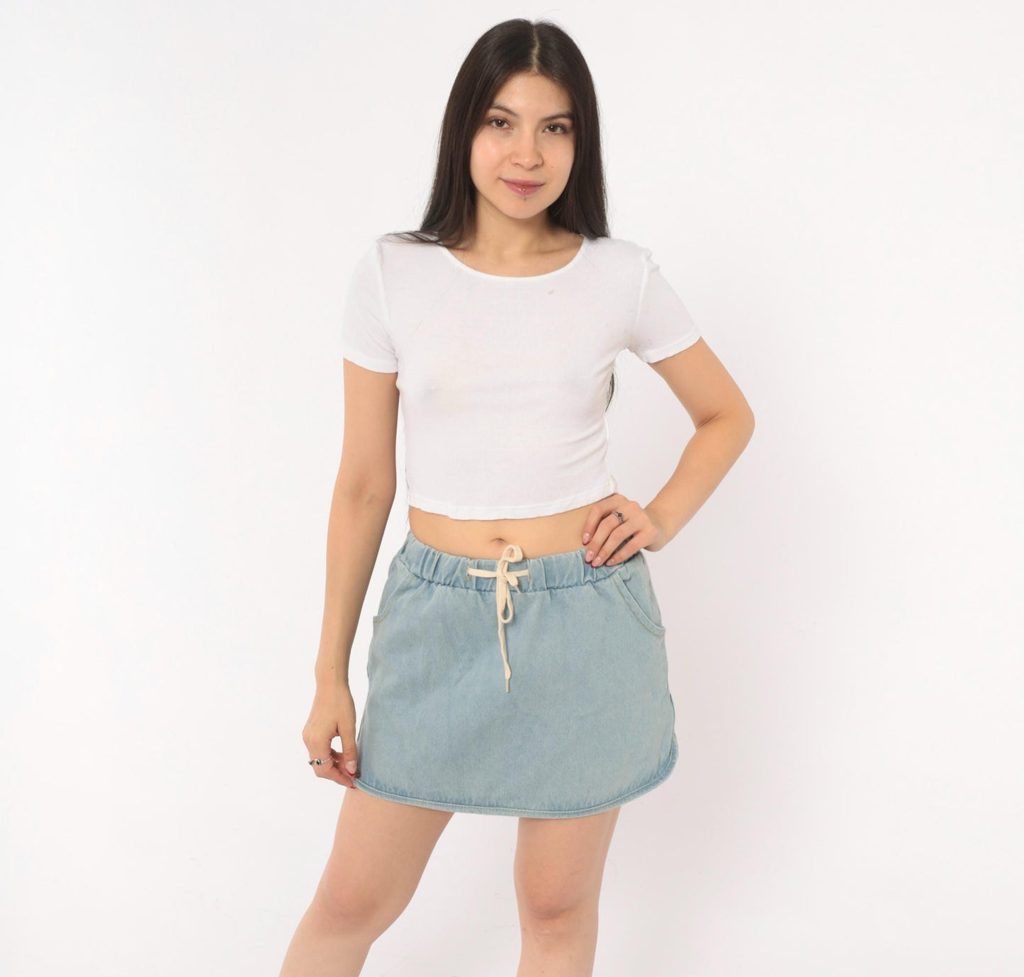 80s Light Wash Denim Mini Skirt Elastic Waist Curved Hem Small S