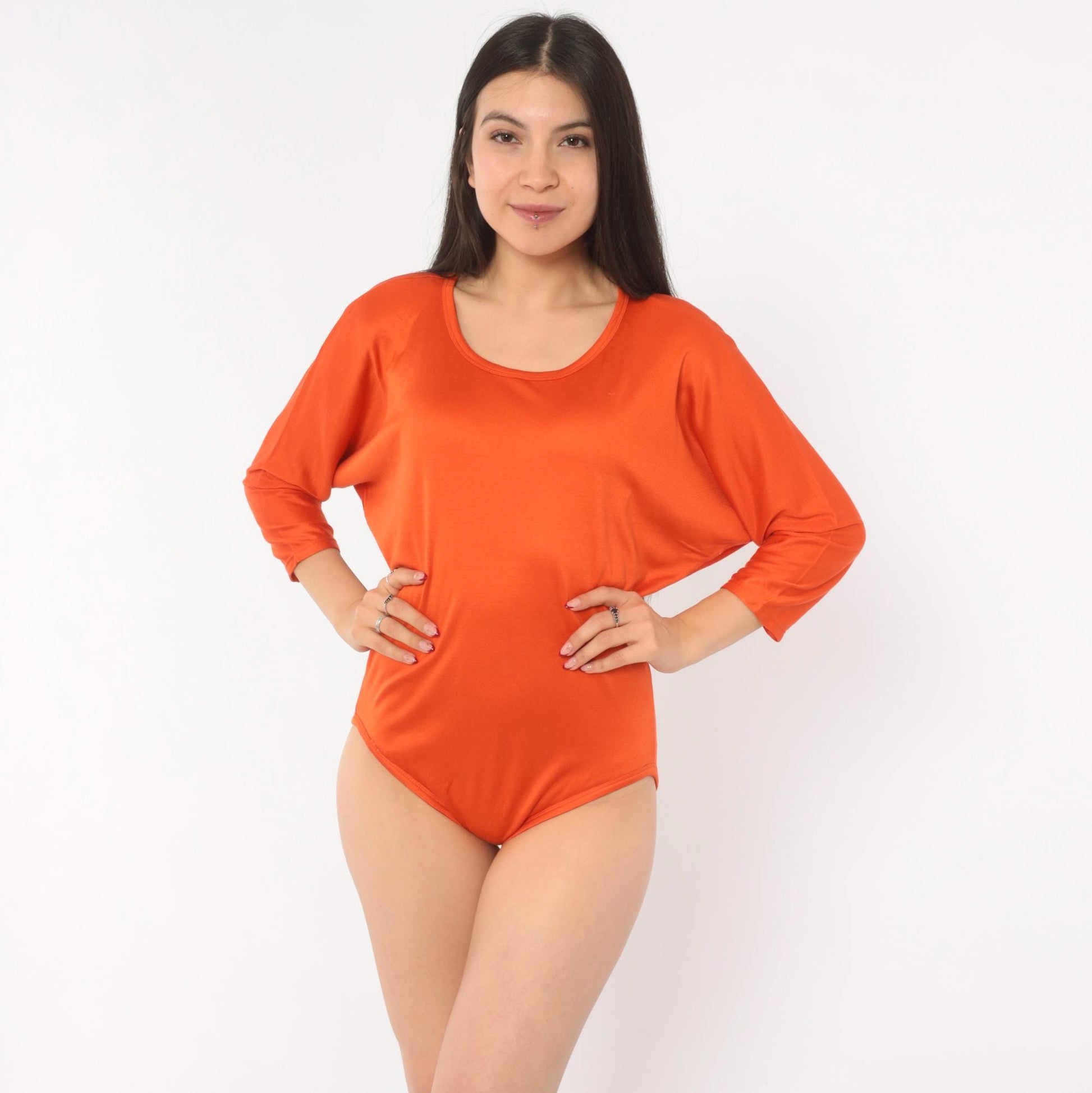 90s Ellen Tracy Silk Bodysuit Orange Dolman Sleeve Mock Neck Medium M