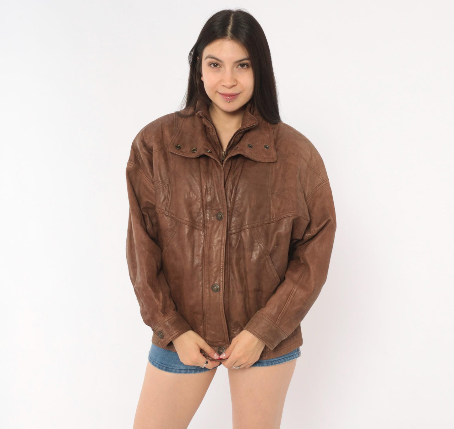 80s Adventure Bound Brown Leather Moto Jacket Snap Collar Small S