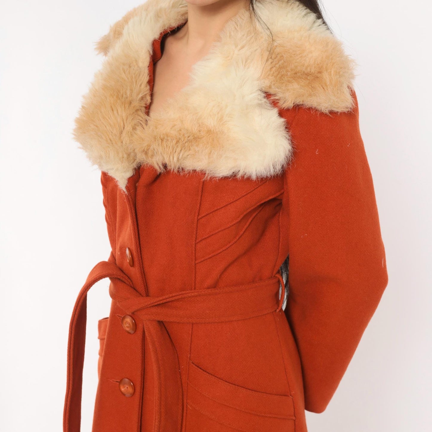 70s Burnt Orange Wool Coat Faux Fur Collar Belted Knee-Length Small