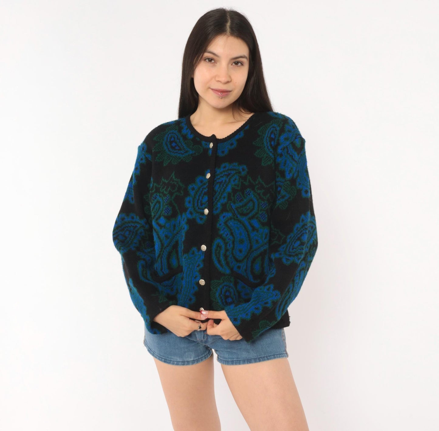 70s Tally-Ho Paisley Jacquard Cardigan Blue Green Black Button Front Large