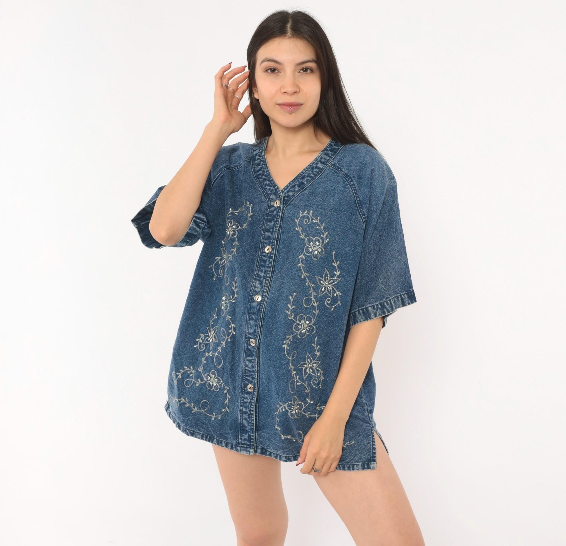 90s Premier International Denim Blouse Floral Vine Embroidery Blue Cotton Medium