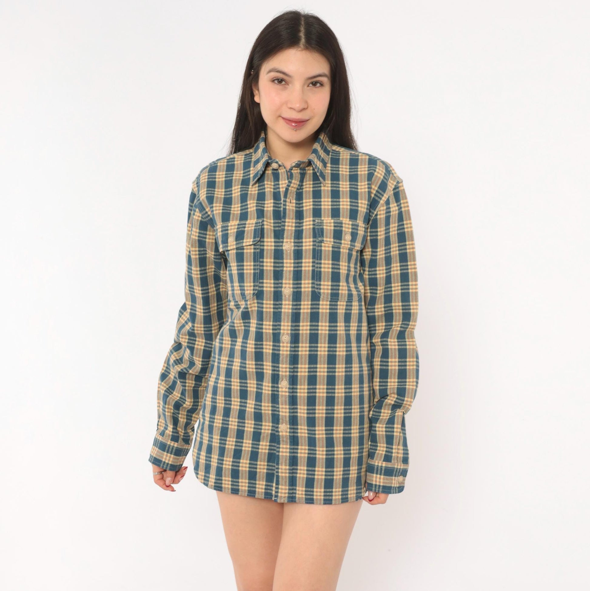 90s Ralph Lauren Plaid Flannel Shirt Teal Cream Cotton Small S