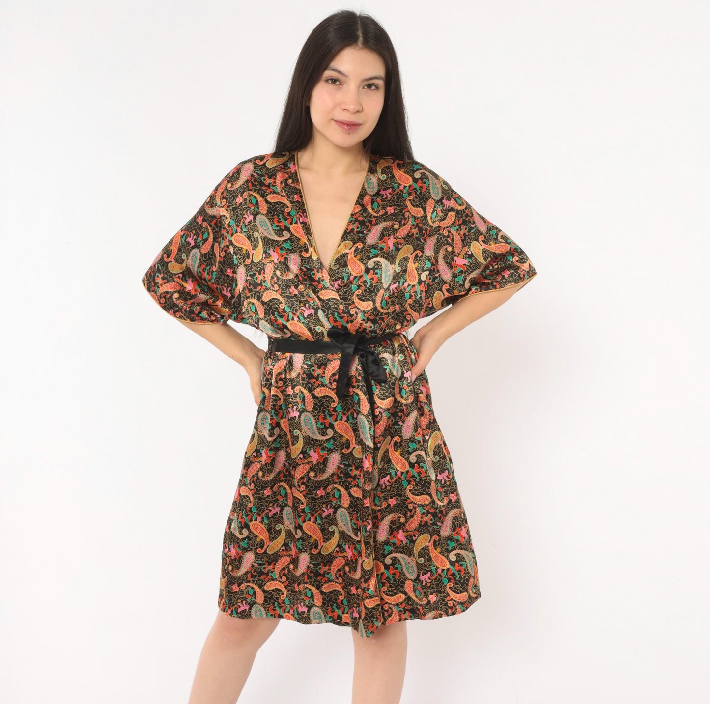 90s Barbizon Paisley Kimono Robe Wrap Front Tie Belt Black Gold Teal Pink Small
