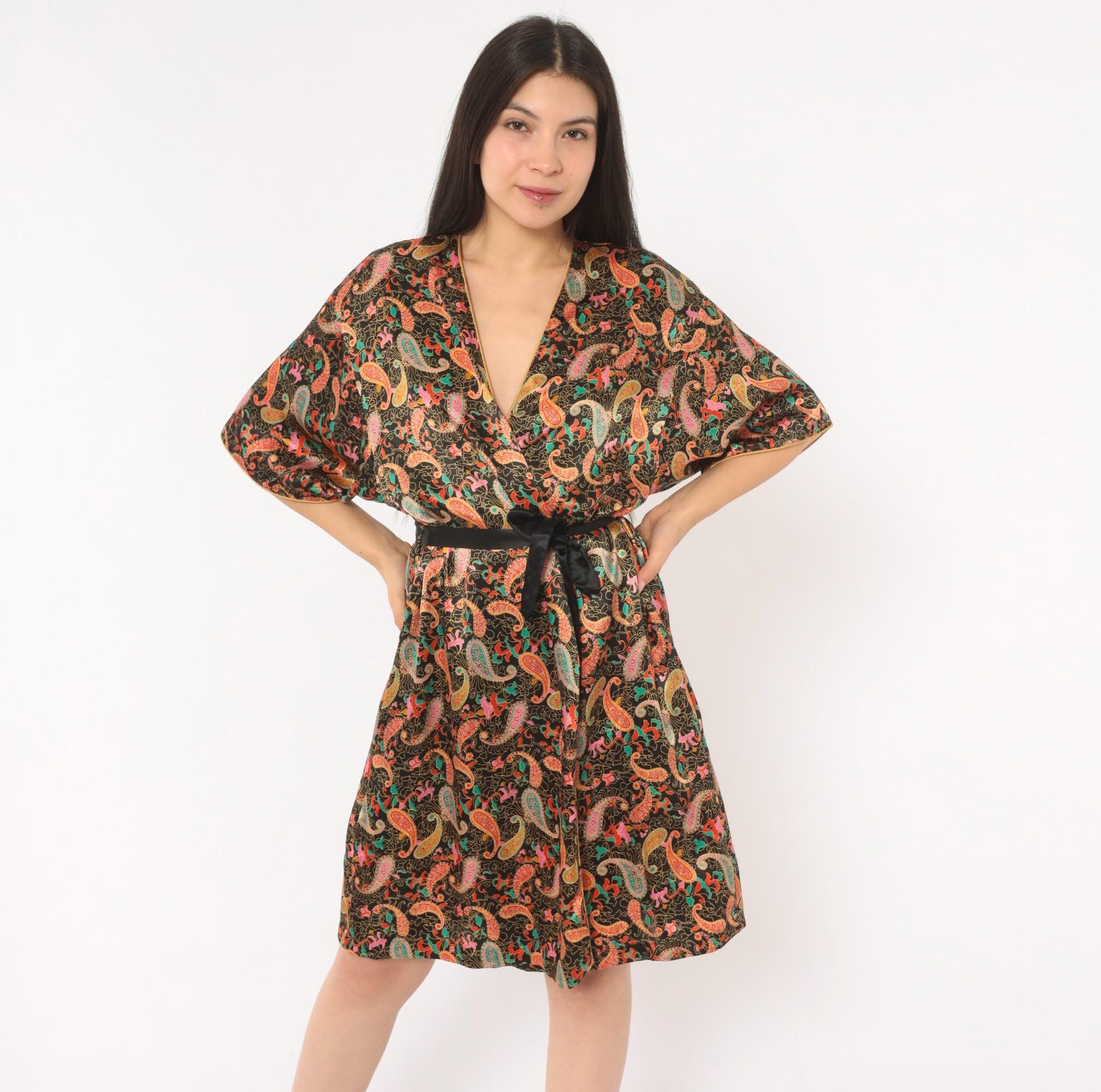 90s Barbizon Paisley Kimono Robe Wrap Front Tie Belt Black Gold Teal Pink Small