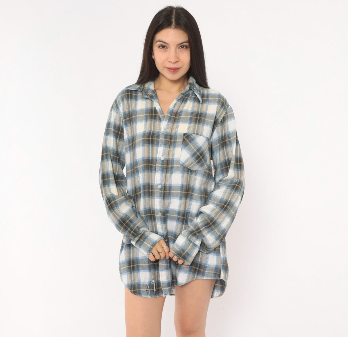 80s Sears Sportswear Plaid Flannel Shirt Blue White Cotton Button-Up Medium