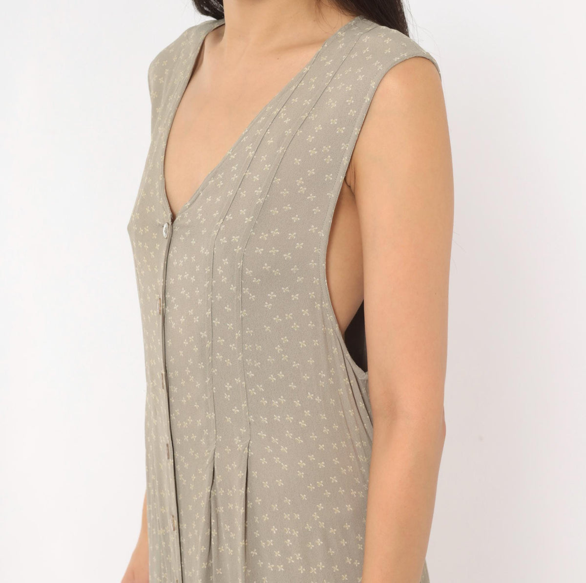 90s Bryn Connelly Ditsy Floral Maxi Dress Grey Cream Button Front Large L