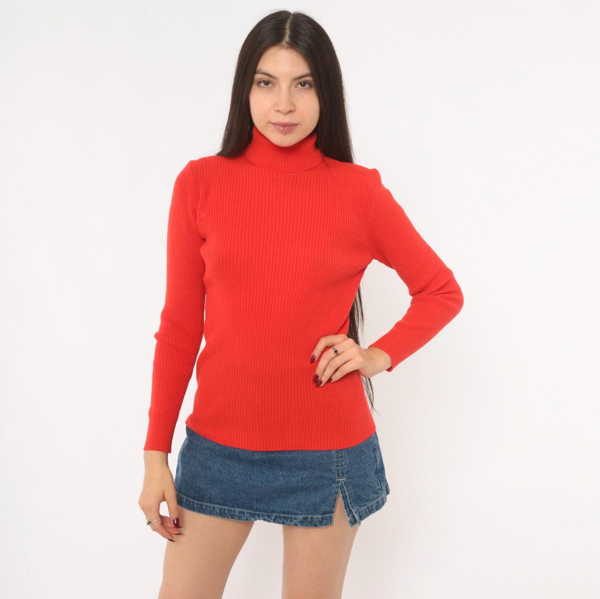 70s Red Ribbed Knit Turtleneck Sweater Fitted Pullover Back Zip Small Medium