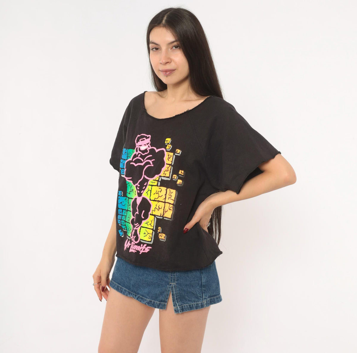 90s No Limits America Muscle Man Neon Graphic Cropped Sweatshirt Black Medium