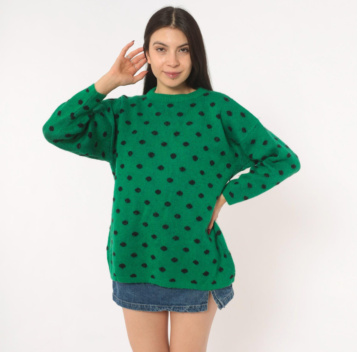 90s Perspective Polka Dot Wool Knit Sweater Emerald Green Medium M