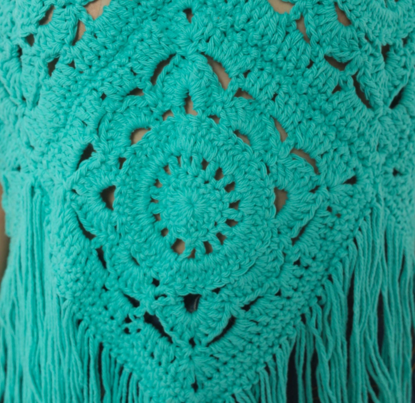 Y2K Teal Crochet Halter Top Granny Square Fringe Cotton Turquoise Small–Large