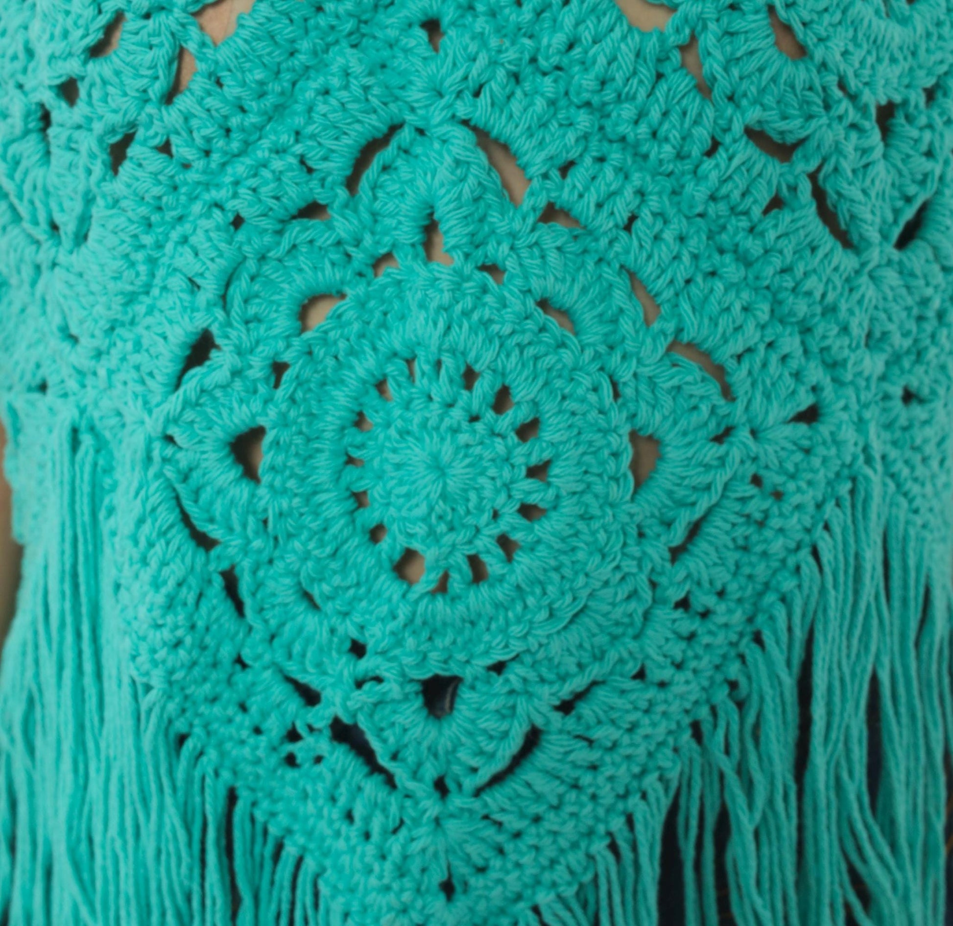 Y2K Teal Crochet Halter Top Granny Square Fringe Cotton Turquoise Small–Large