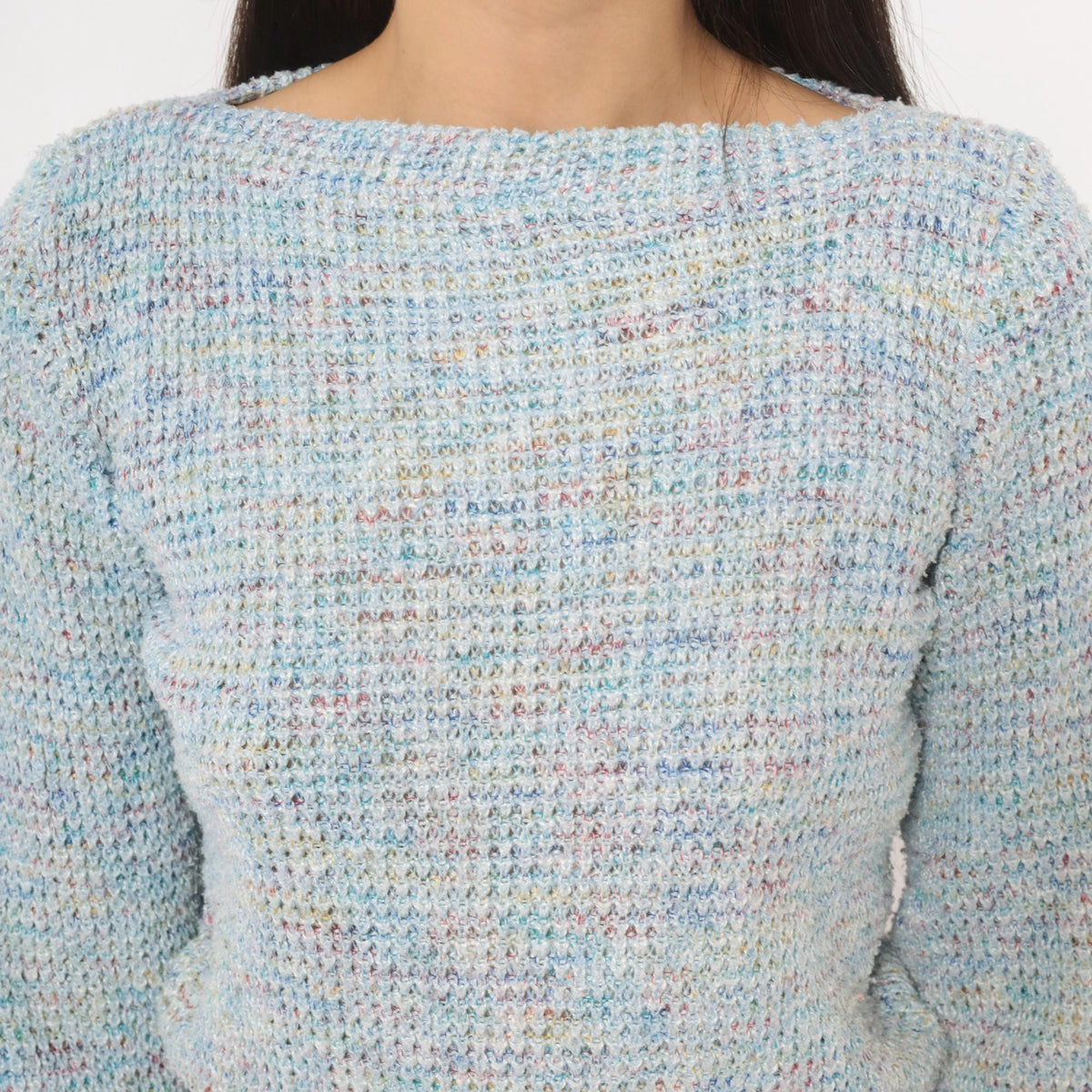 70s Powder Blue Speckled Knit Sweater Boat Neck Cropped Small