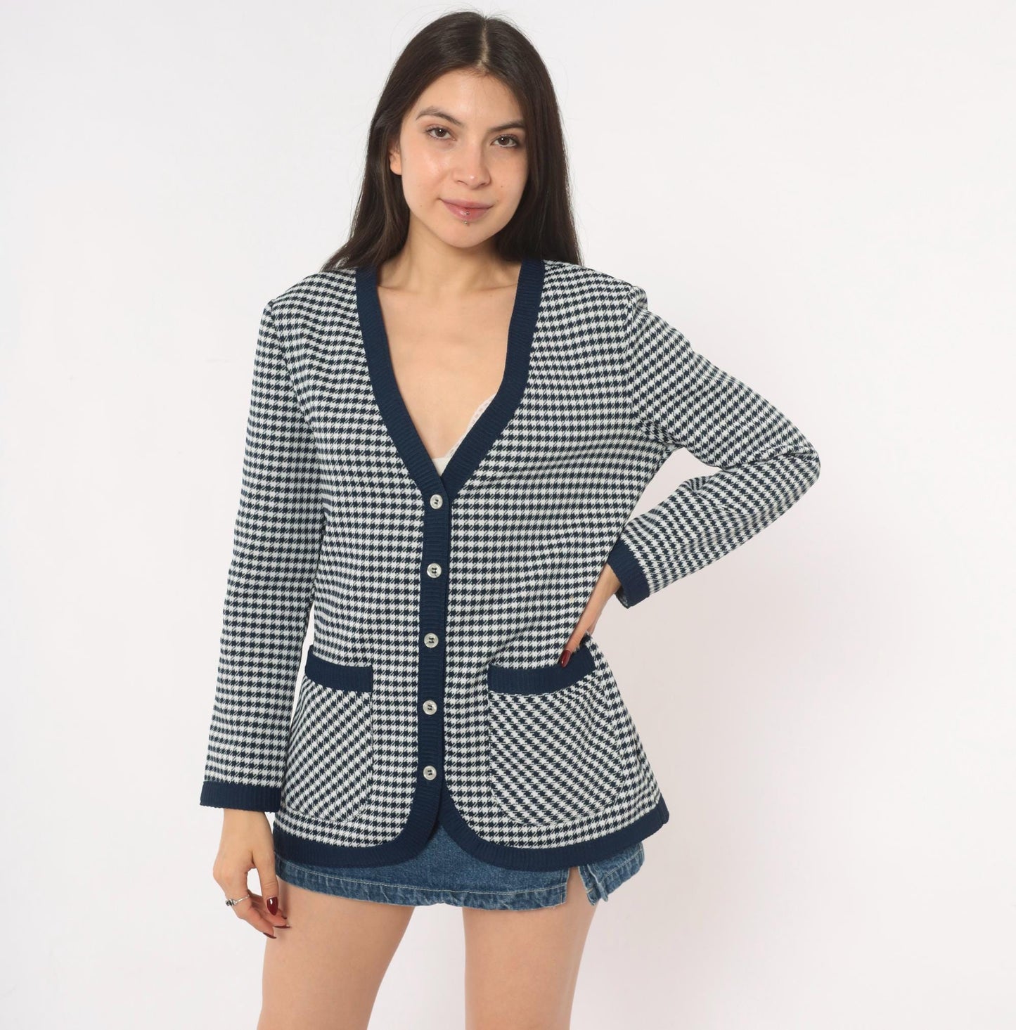 70s Jack Winter Houndstooth Cardigan Navy White Check Knit Medium M