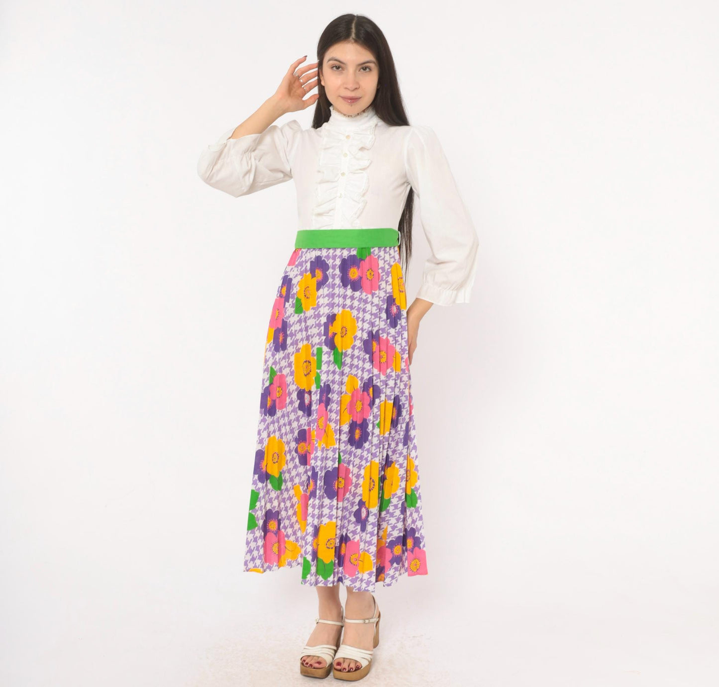 70s Growing Girl Floral Midi Dress Puff Sleeve High Neck White Purple Pink Extra Small XS