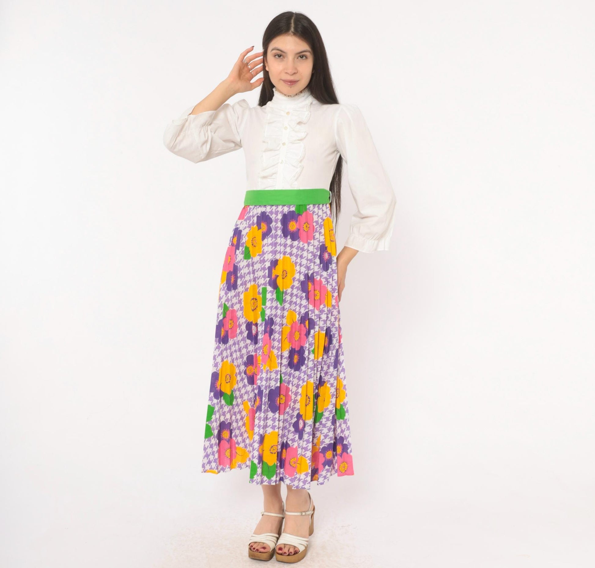 70s Growing Girl Floral Midi Dress Puff Sleeve High Neck White Purple Pink Extra Small XS