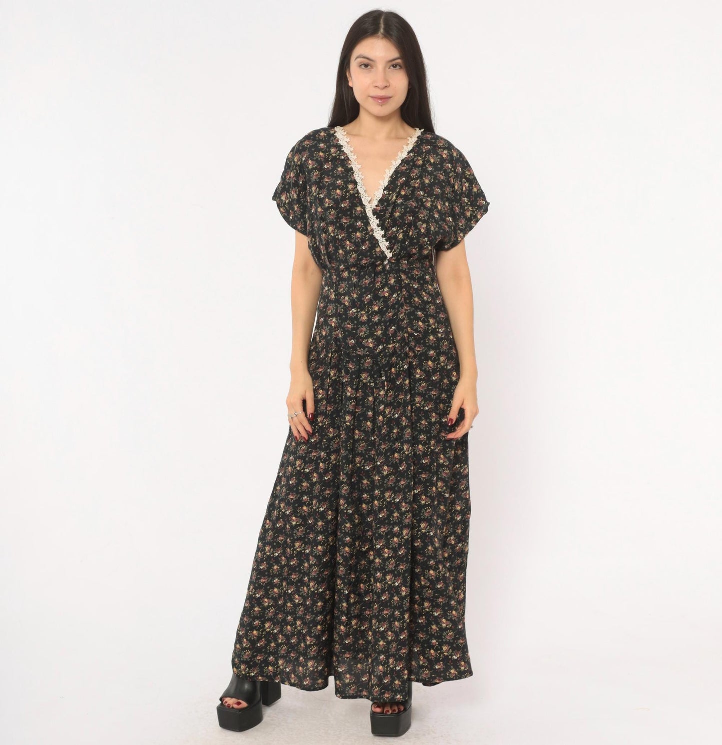 90s Ariana Black Floral Maxi Dress V-Neck Wrap Lace Trim Flutter Sleeve Large L