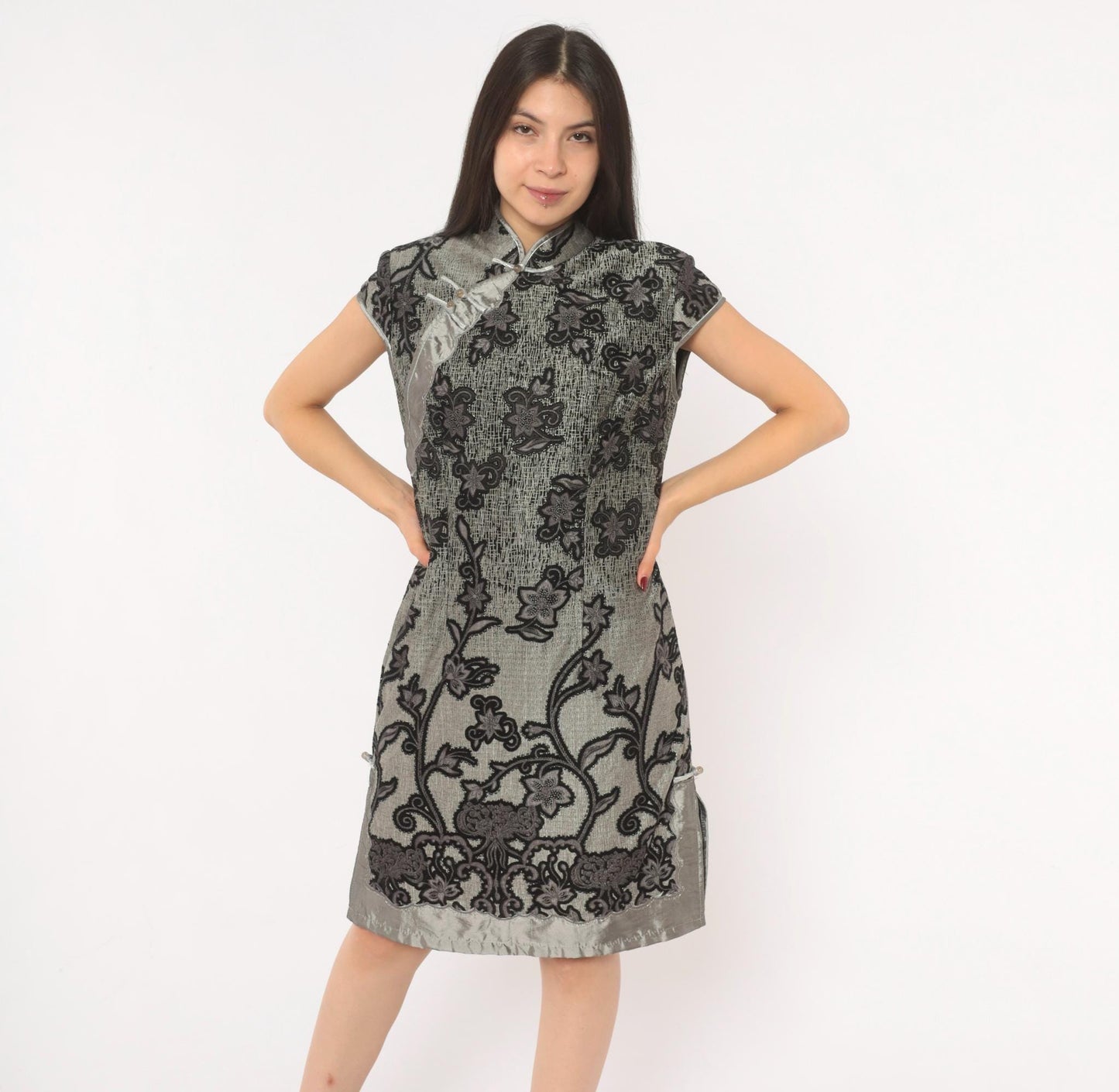 90s Grey Cheongsam Dress Black Floral Embroidered Qipao Mandarin Collar Medium M