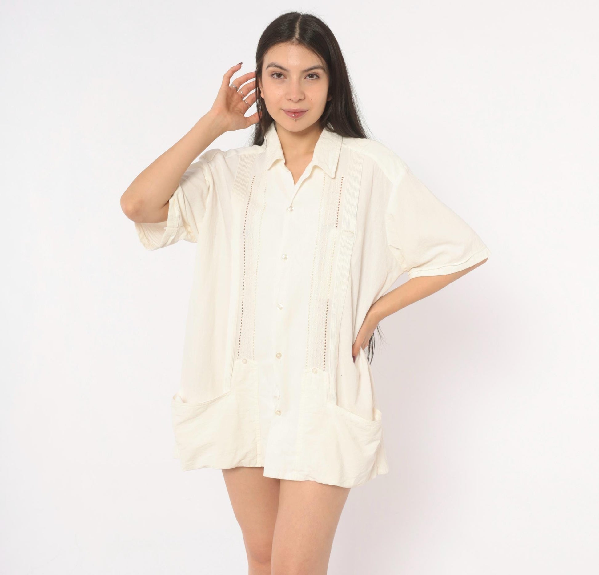 90s Cream Cotton Camp Shirt Pintuck Lace Panel Ivory Mens Large L