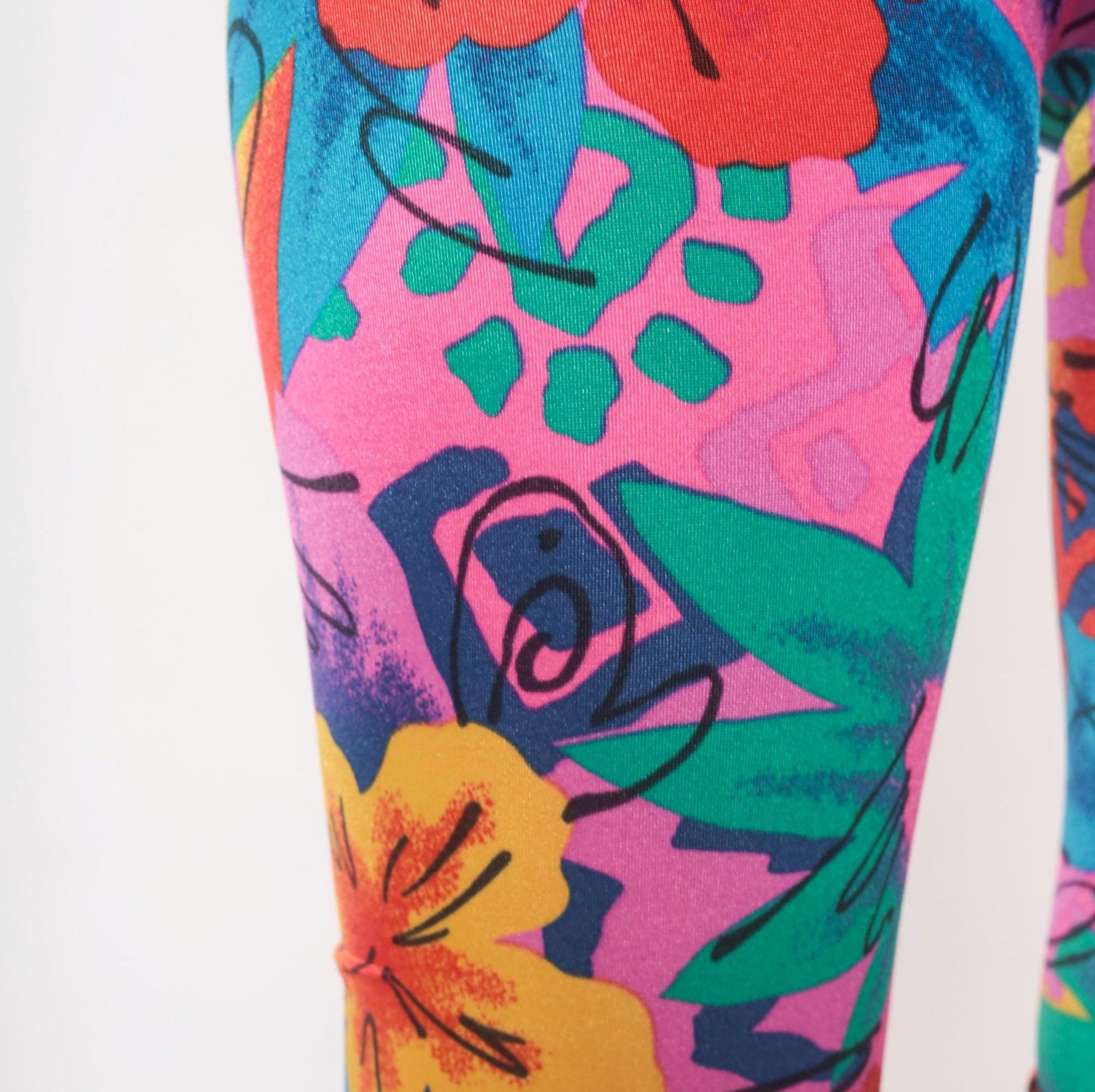 90s Stevi Tropical Floral Capri Leggings Pink Teal Hibiscus High Waist Extra Small XS