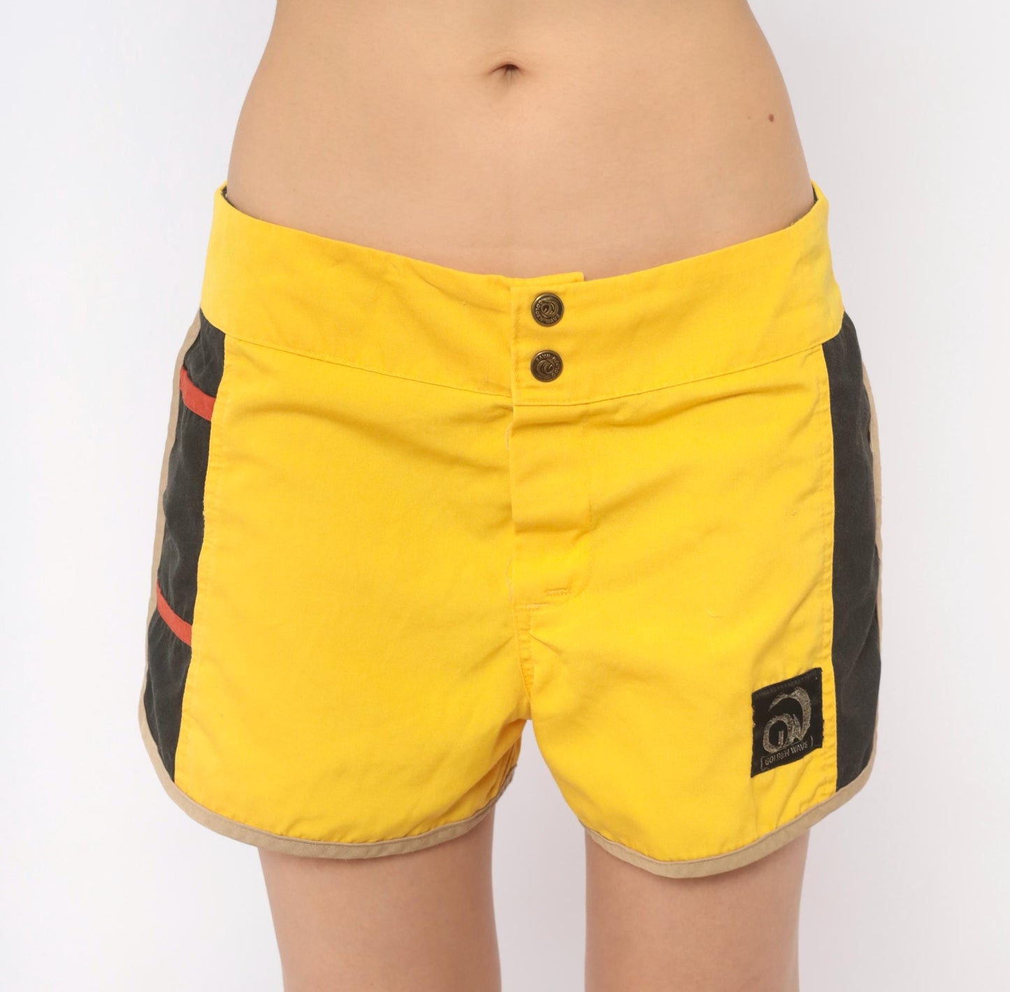70s Golden Wave Board Shorts Yellow Black Colour Block Cotton Large L