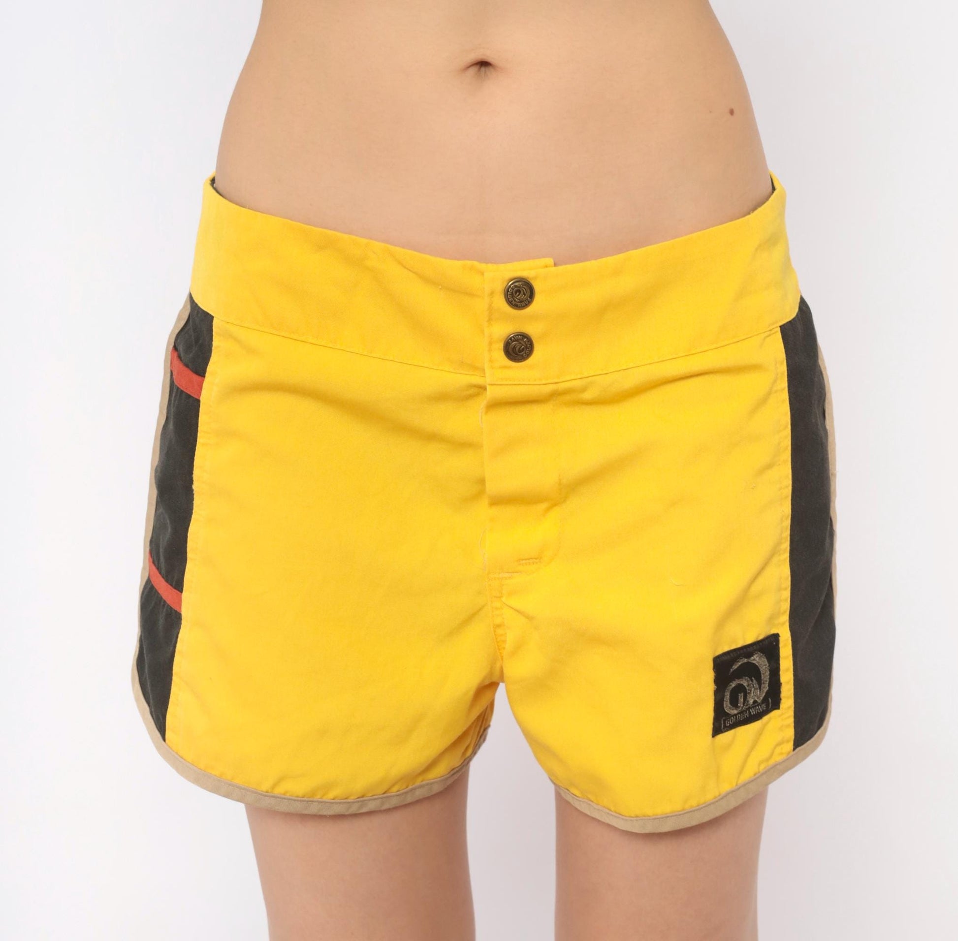 70s Golden Wave Board Shorts Yellow Black Colour Block Cotton Large L