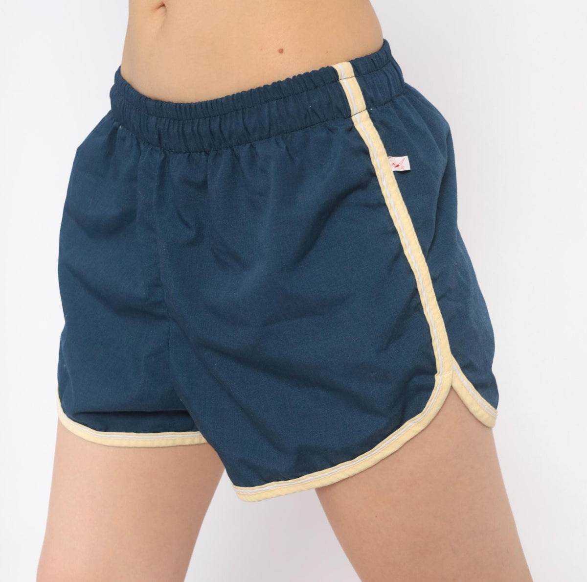80s Jantzen Navy Running Shorts Cream Piping Dolphin Hem Cotton Medium