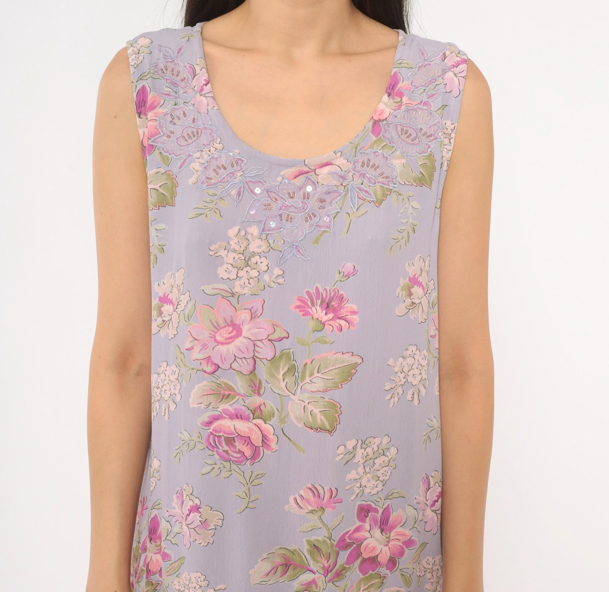 90s April Cornell Lavender Floral Maxi Dress Sequin Lace Scoop Neck Large
