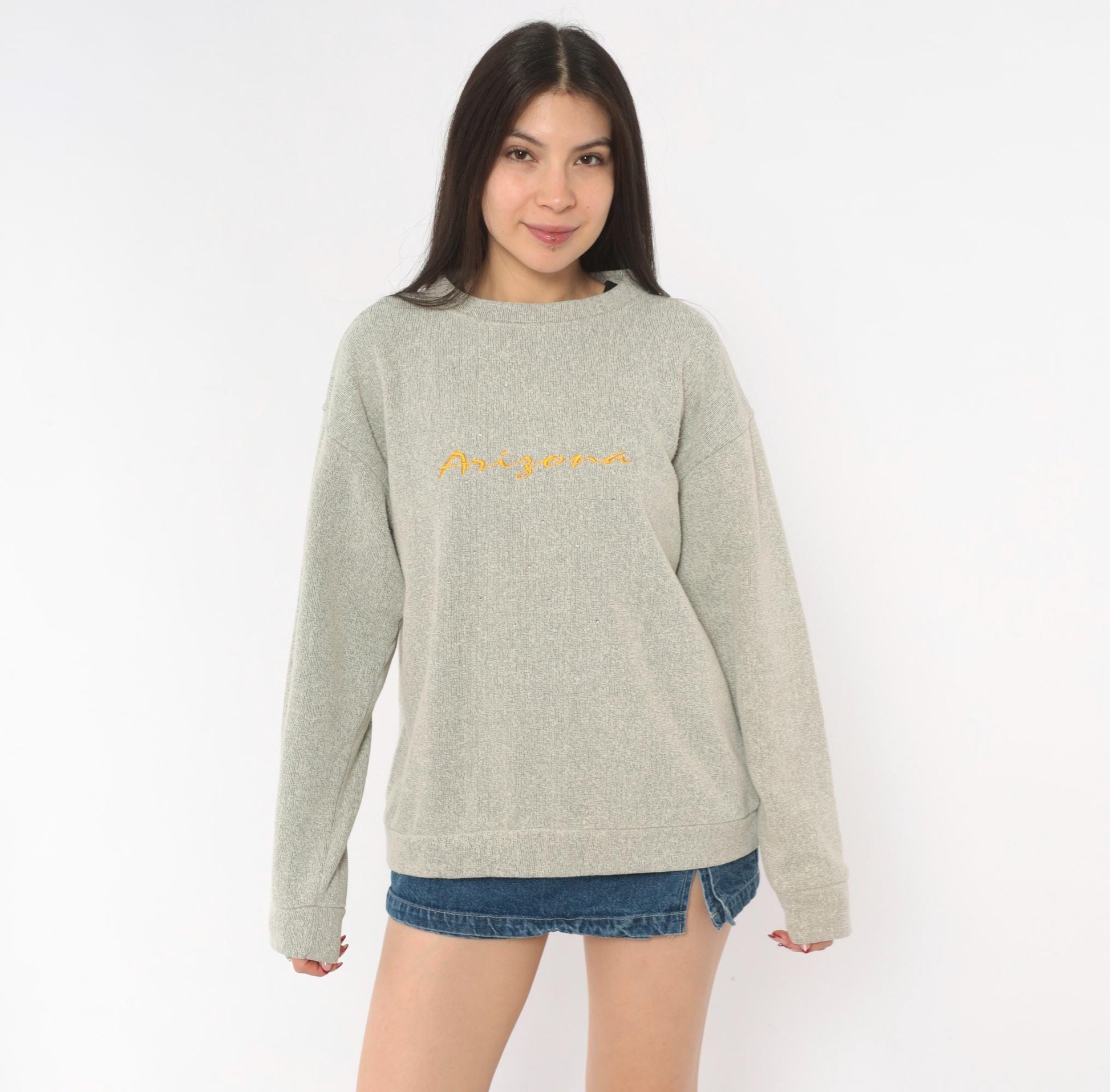 90s Arizona Embroidered Crewneck Sweater Tan Grey Speckled Niko's Large L
