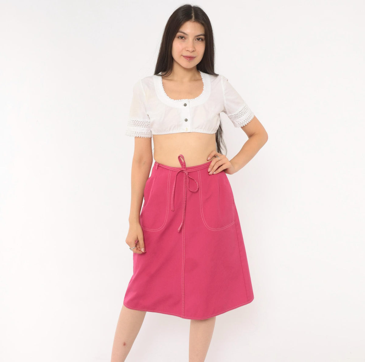 80s Koret Hot Pink A-Line Skirt Tie Waist Patch Pockets Small Medium