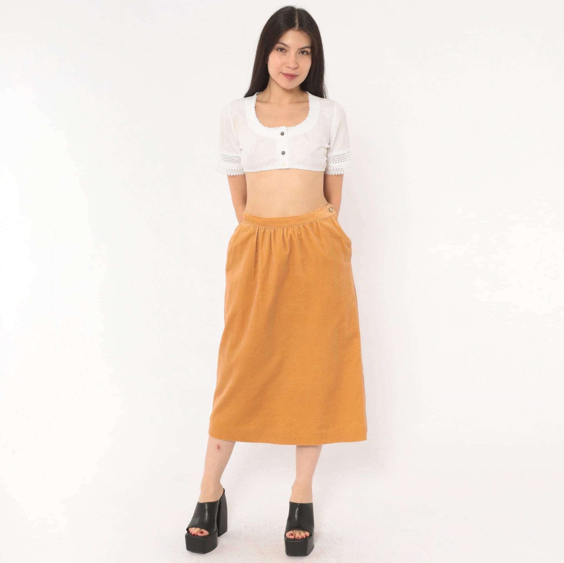 80s Evan Picone Velvet Midi Skirt Camel A-Line Button Pockets Medium M