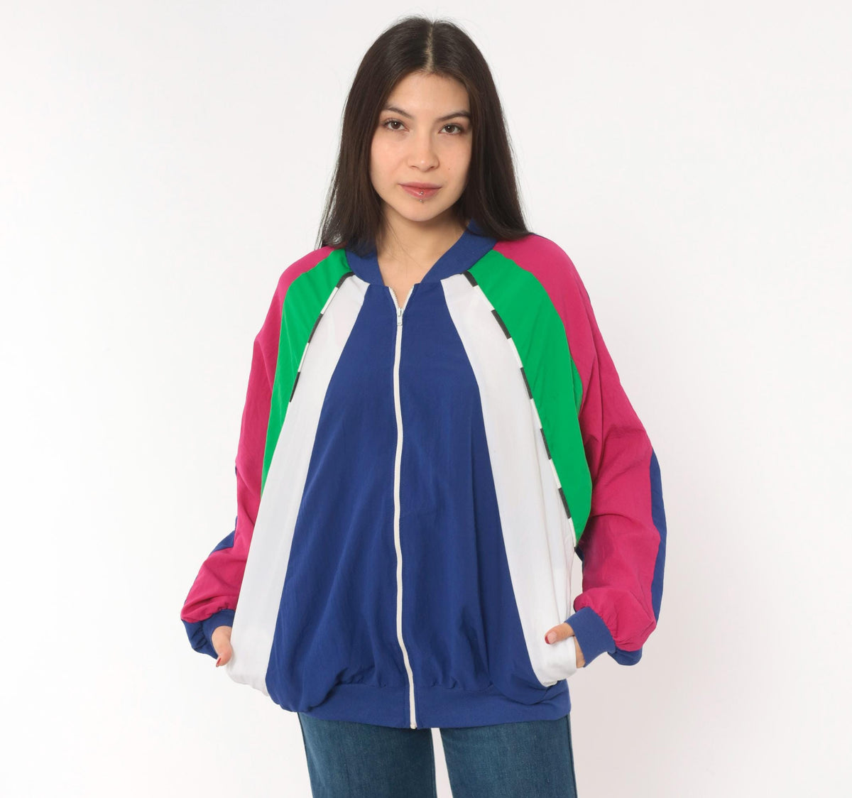80s Susan Christopher Color Block Windbreaker Navy Magenta Medium M