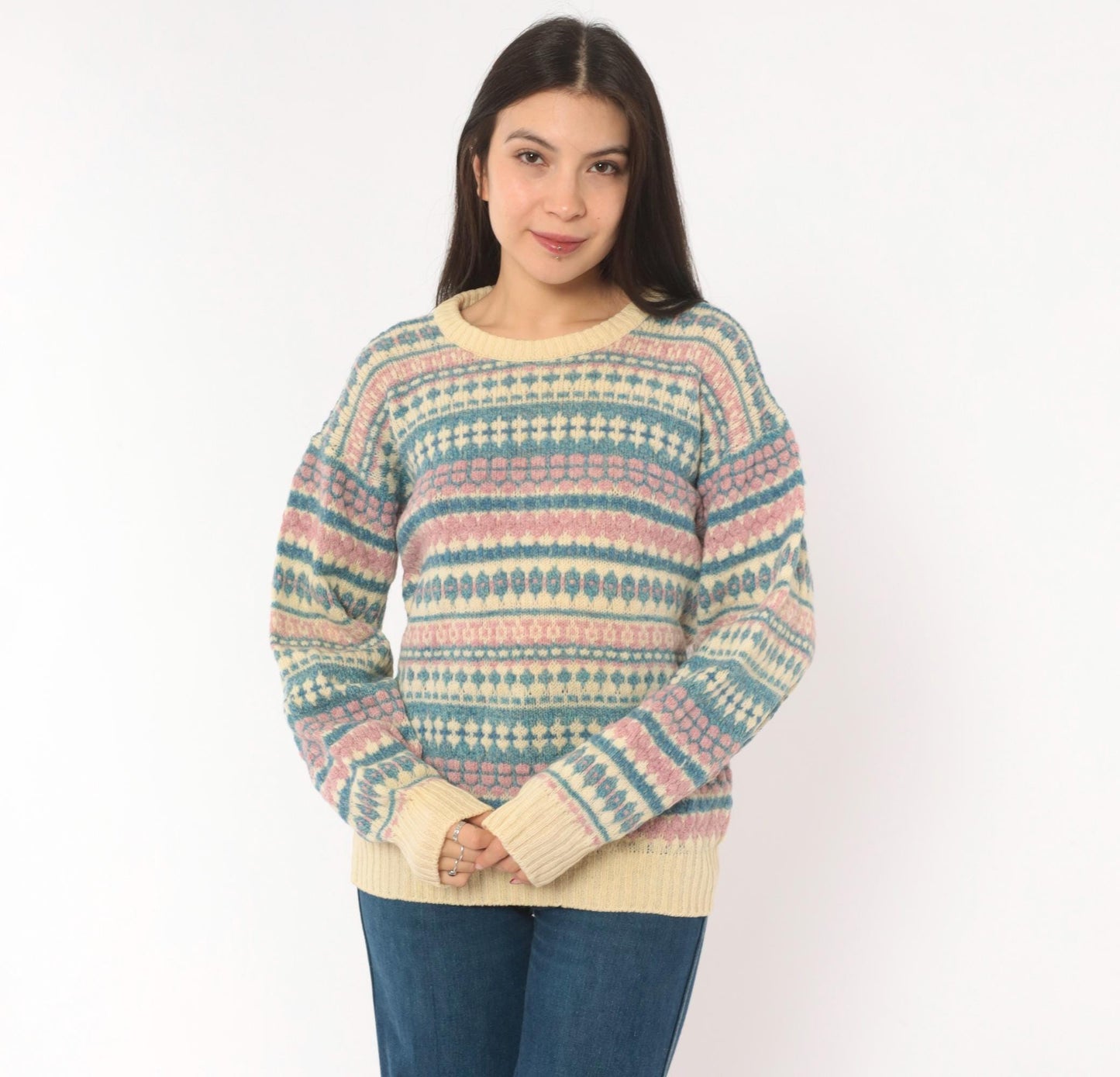 80s American Eagle Fair Isle Wool Sweater Cream Pink Blue Large