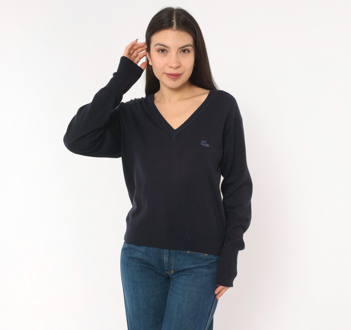 80s Izod Lacoste V-Neck Sweater Navy Wool Blend Raglan Pullover Small