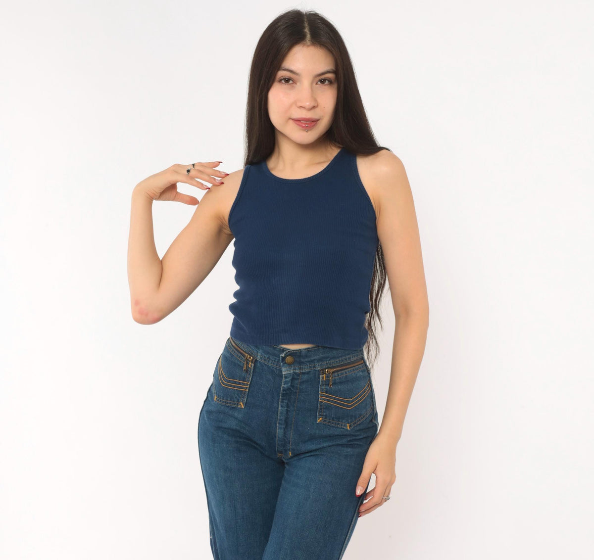 80s Navy Ribbed Tank Top Scoop Neckline Fitted Crop Cotton Extra Small XS