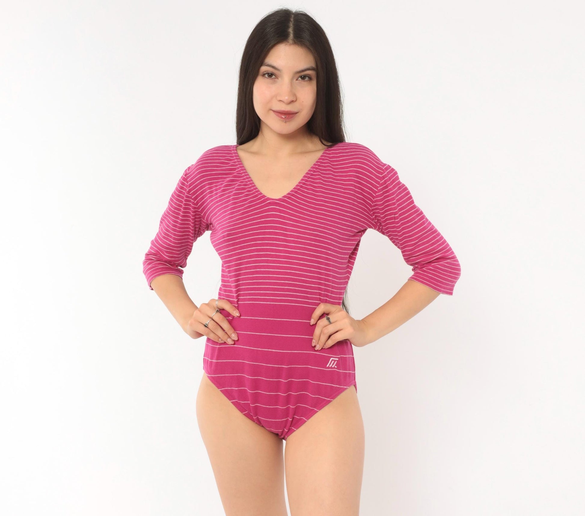 80s Pink White Striped Bodysuit Deep V-Neck Dolman Sleeve Snap Crotch Large L