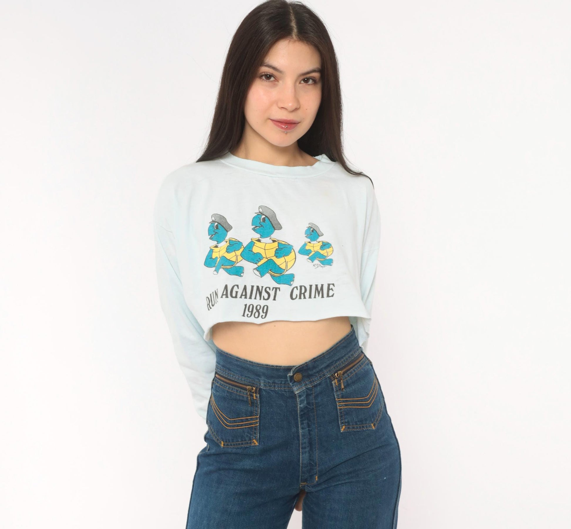 80s Run Against Crime 1989 Cartoon Turtle Police Crop Top Baby Blue Medium
