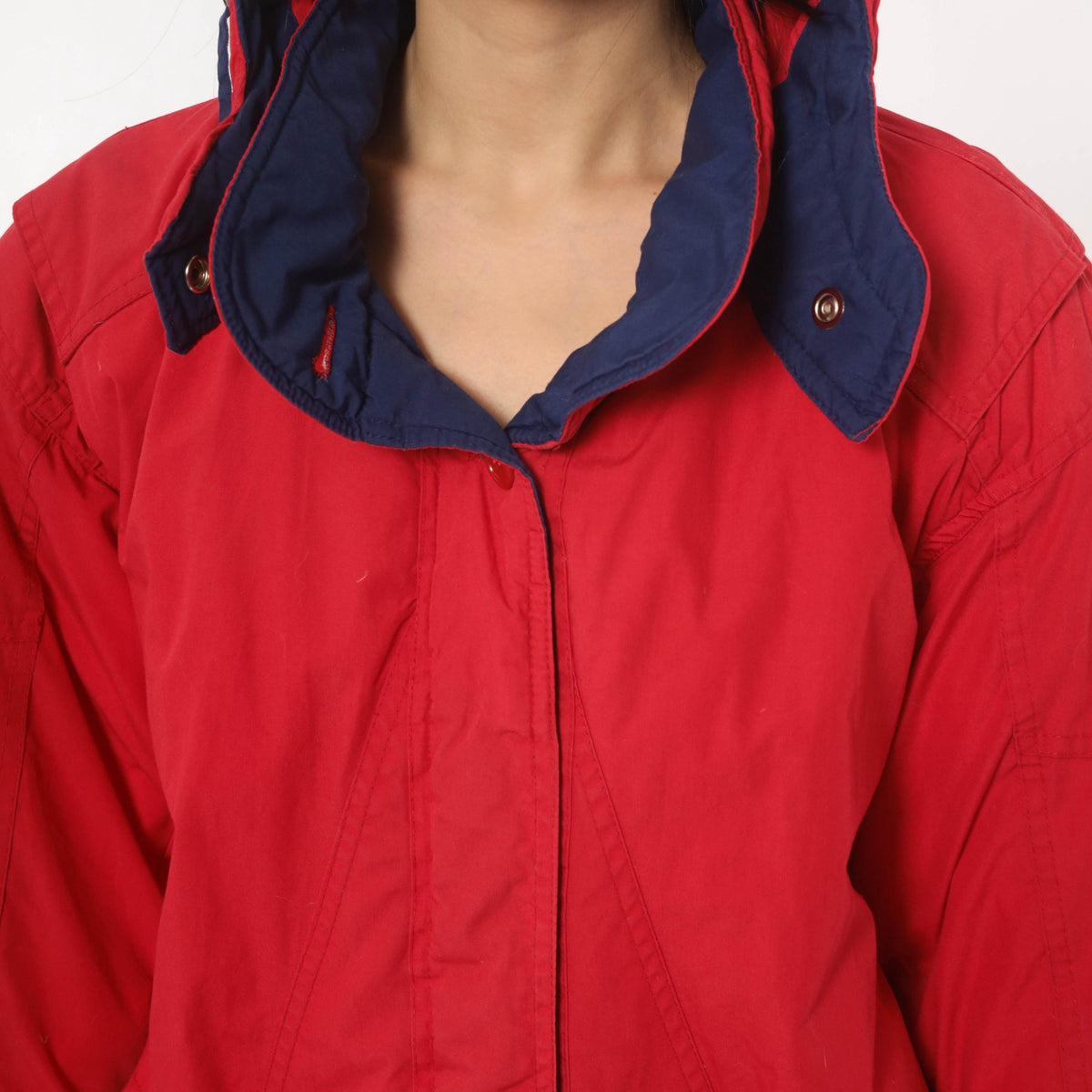 80s Red Duck Down Parka Long Hooded Coat Navy Trim Small S