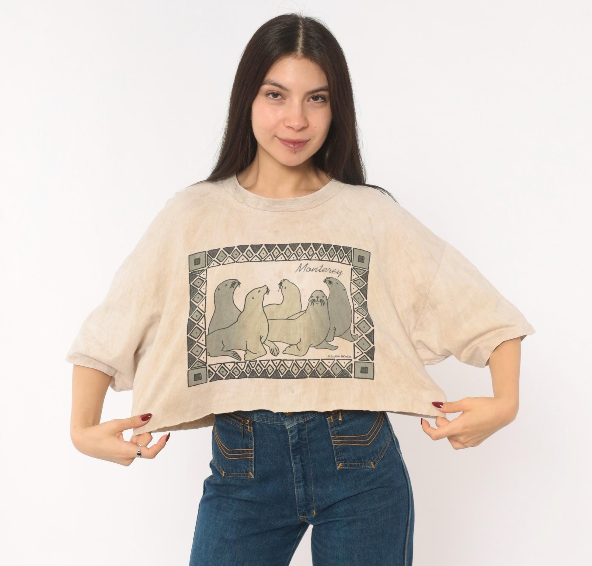 90s Guava Beach Monterey Sea Lion Crop Top Tan Acid Wash Cotton Medium