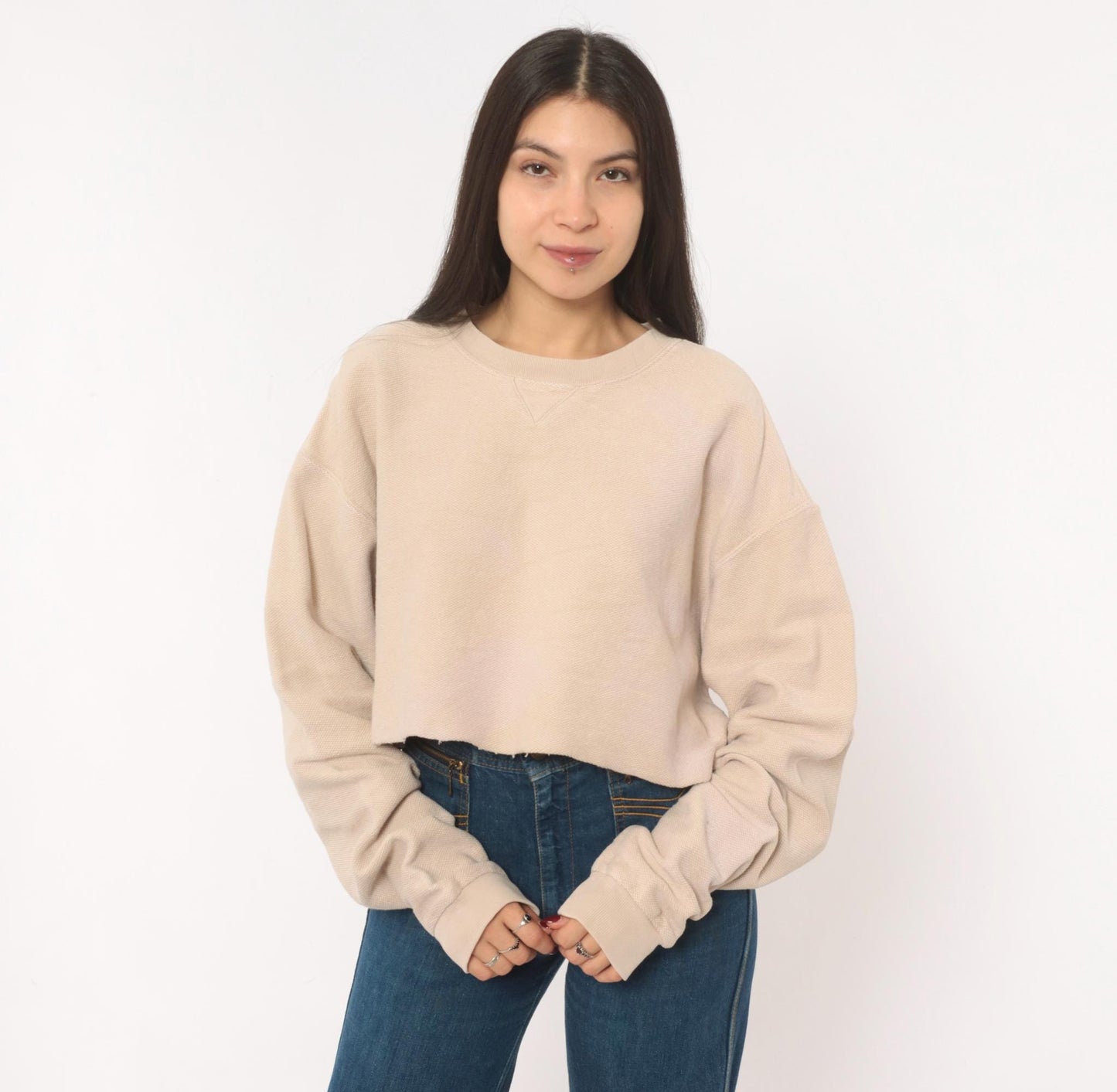90s Lands' End Cropped Sweatshirt Tan Cotton Raglan Small