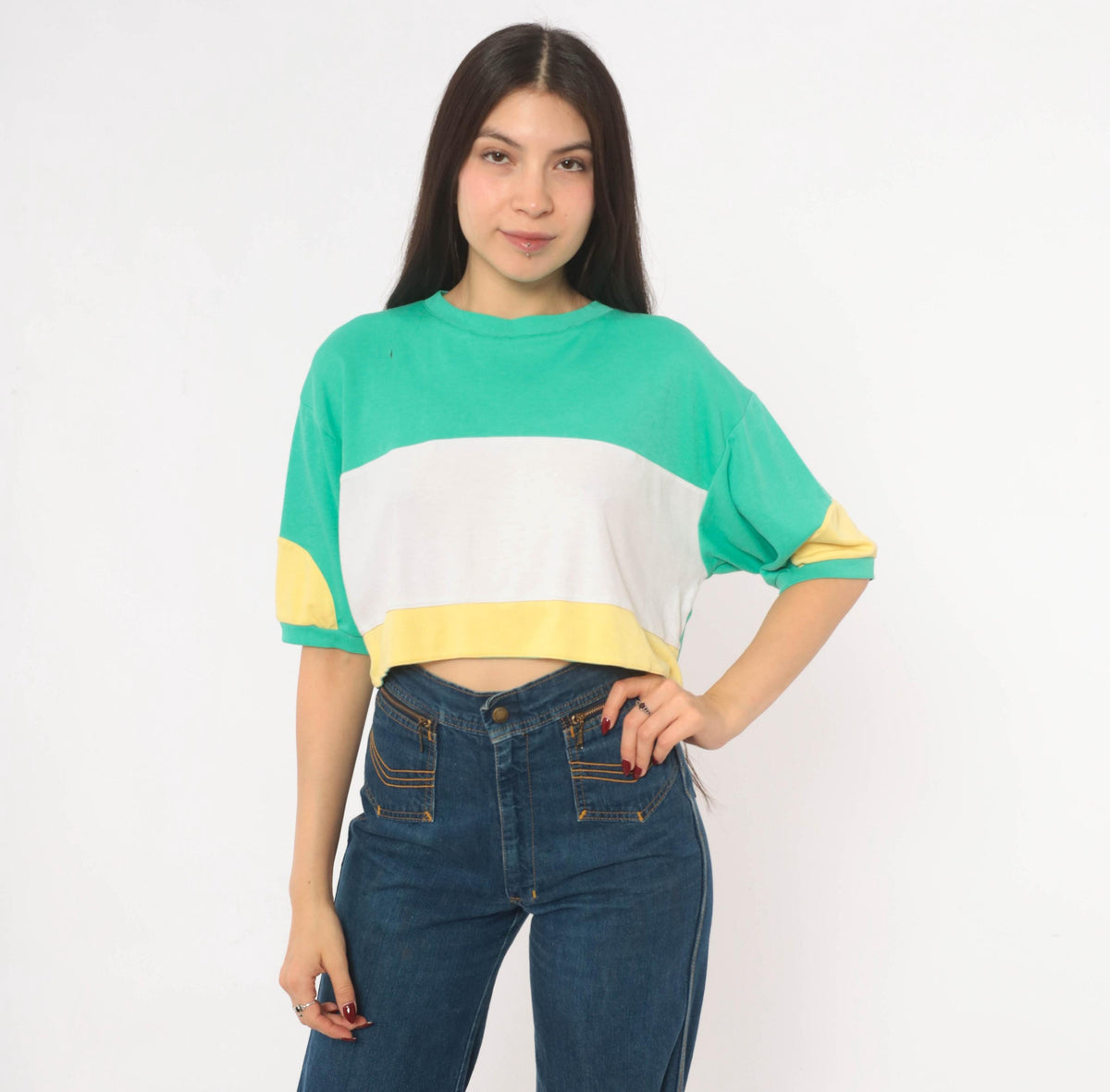 80s Color Block Crop Top Green White Yellow Cotton Medium M