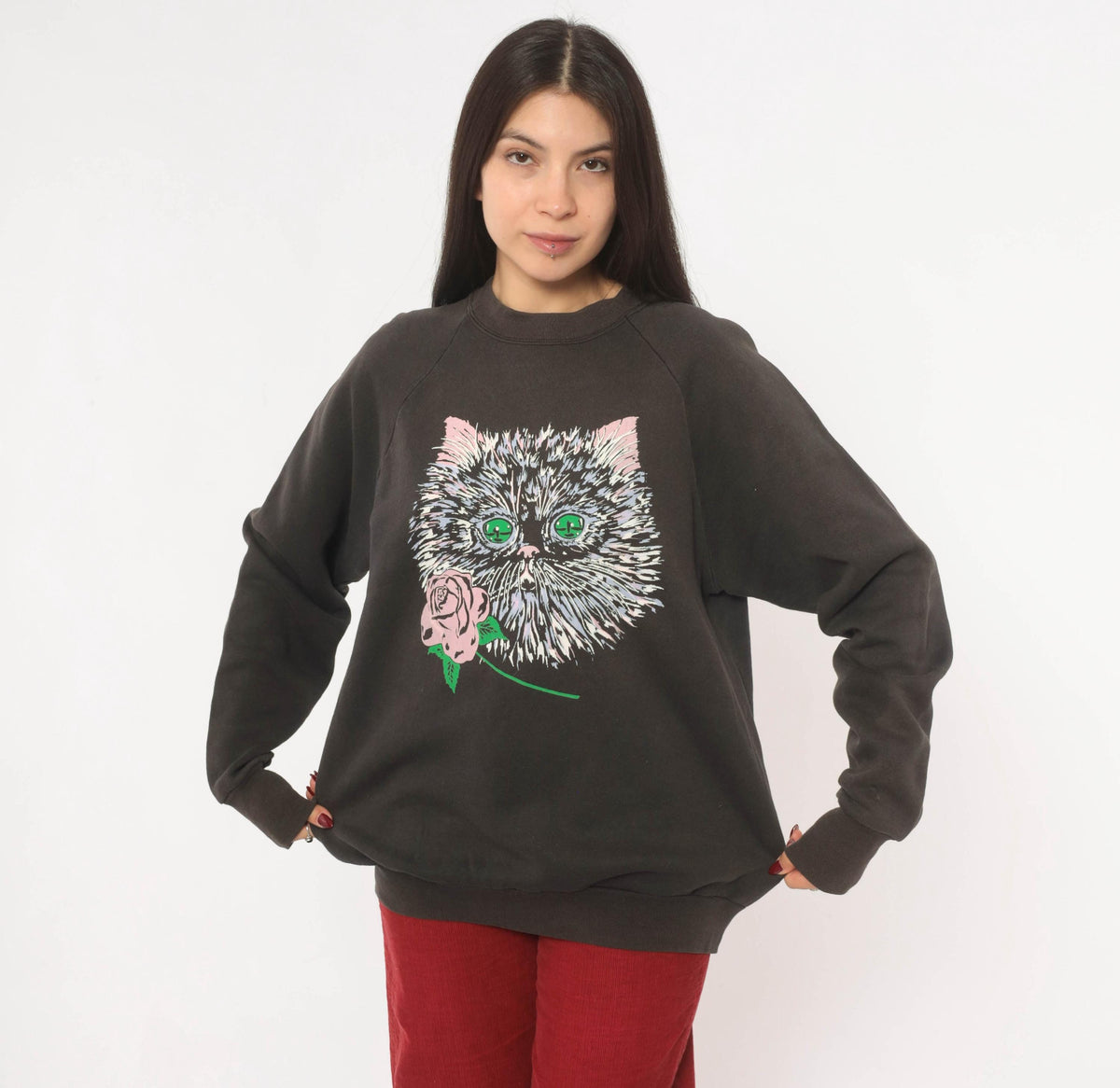 90s Fruit Of The Loom Cat Rose Raglan Sweatshirt Faded Black Large L