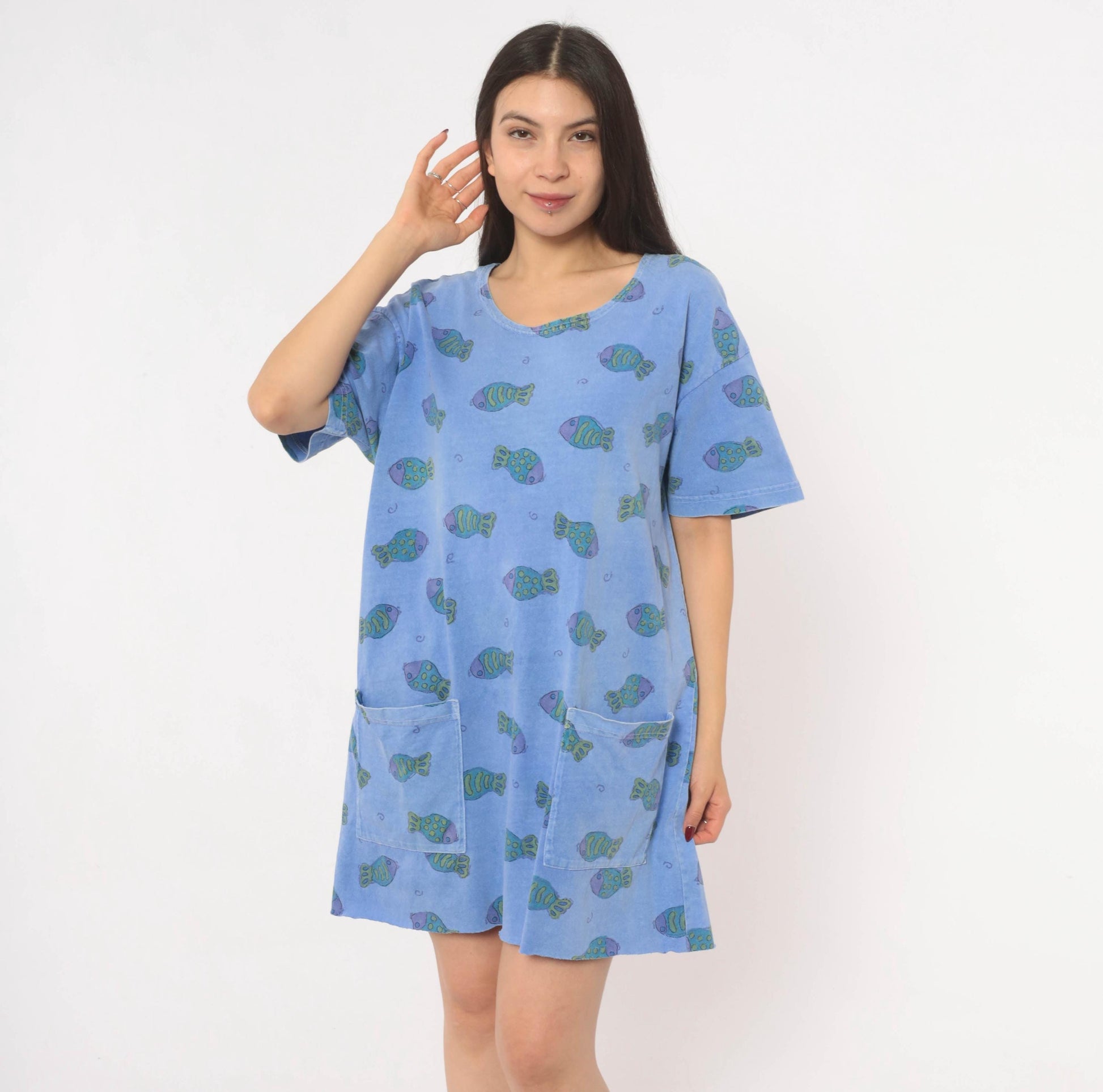 Fresh Produce Fish Print Tunic Dress Periwinkle Cotton Scoop Neck Small